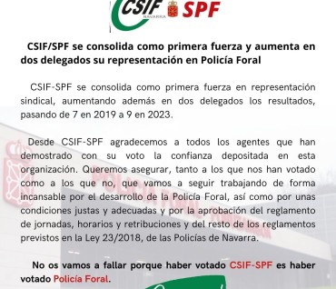 CSIF/SPF se consolida como primera fuerza y aumenta en dos delegados su representación en Policía Foral