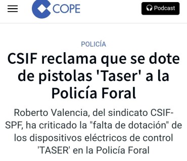CSIF/SPF reclama en COPE Navarra que se dote de pistolas 'Taser' a la Policía Foral